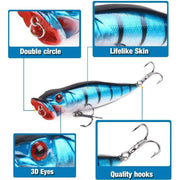 5 Pcs Fishing Lures Popper Baits For Bass, Pike, Pickerel, Panfish, Trout, Bluegill, Snook, Redfish, Striped Bass, Tarpon, Tuna, Mahi-mahi, and Kingfish - 3.54in/0.423oz